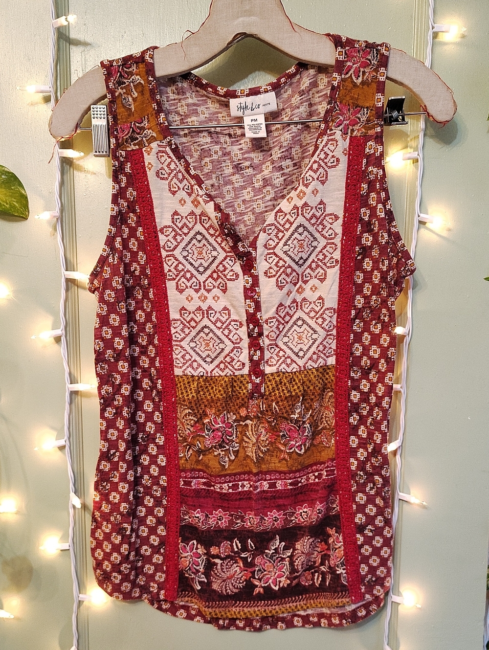 Women's Style & Co Maroon Magenta Bohemian Pattern Muscle Tank Top M Petite
